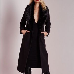 MISSGUIDED Longline Coat with Faux Fur Collar